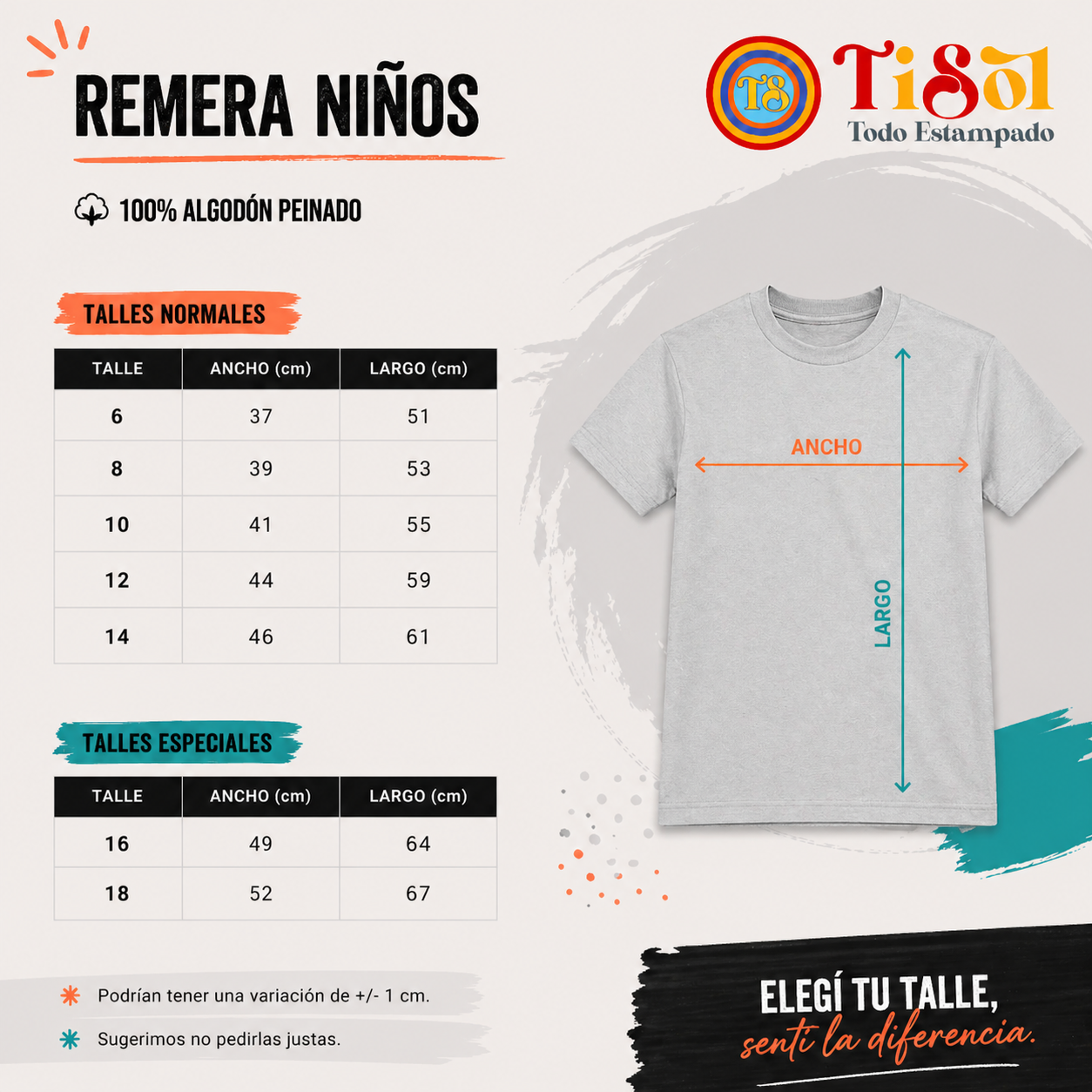 Tabla de talles remera unisex Niños DTF