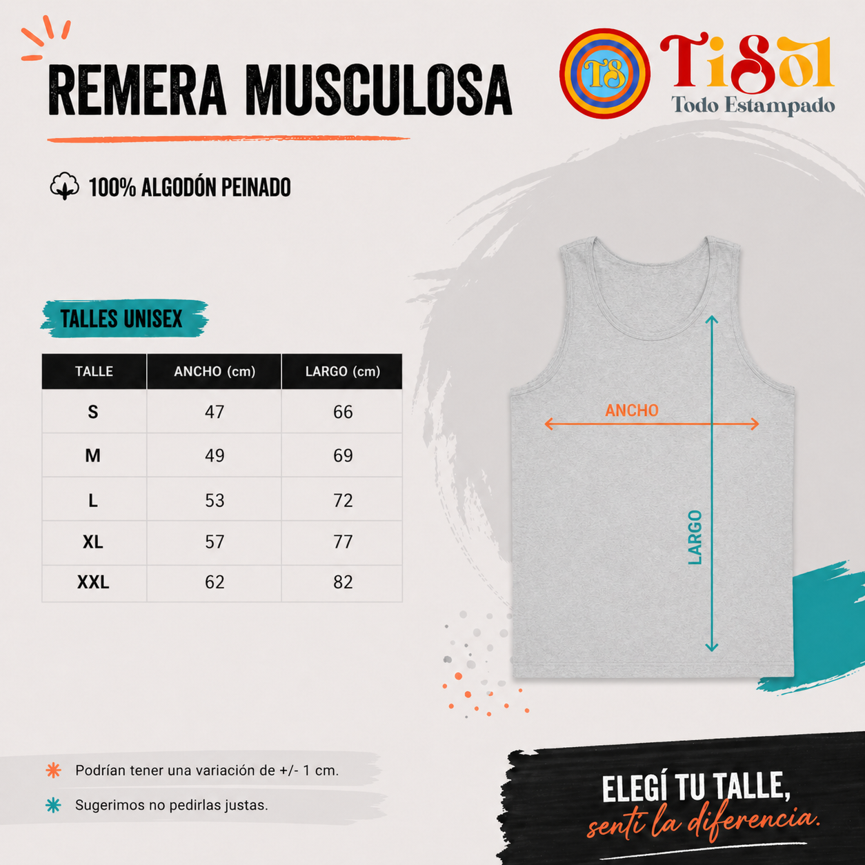 Tabla de talles musculosa para personalizar con diseño DTF