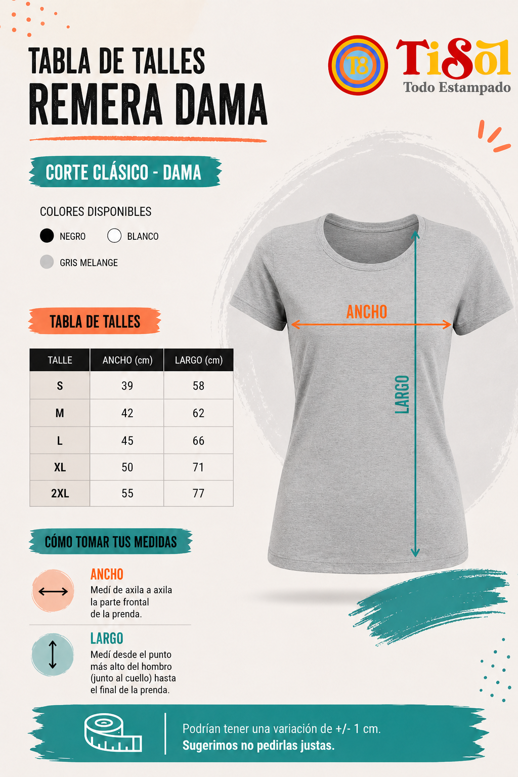 Tabla de talles remera dama para personalizar con diseño DTF