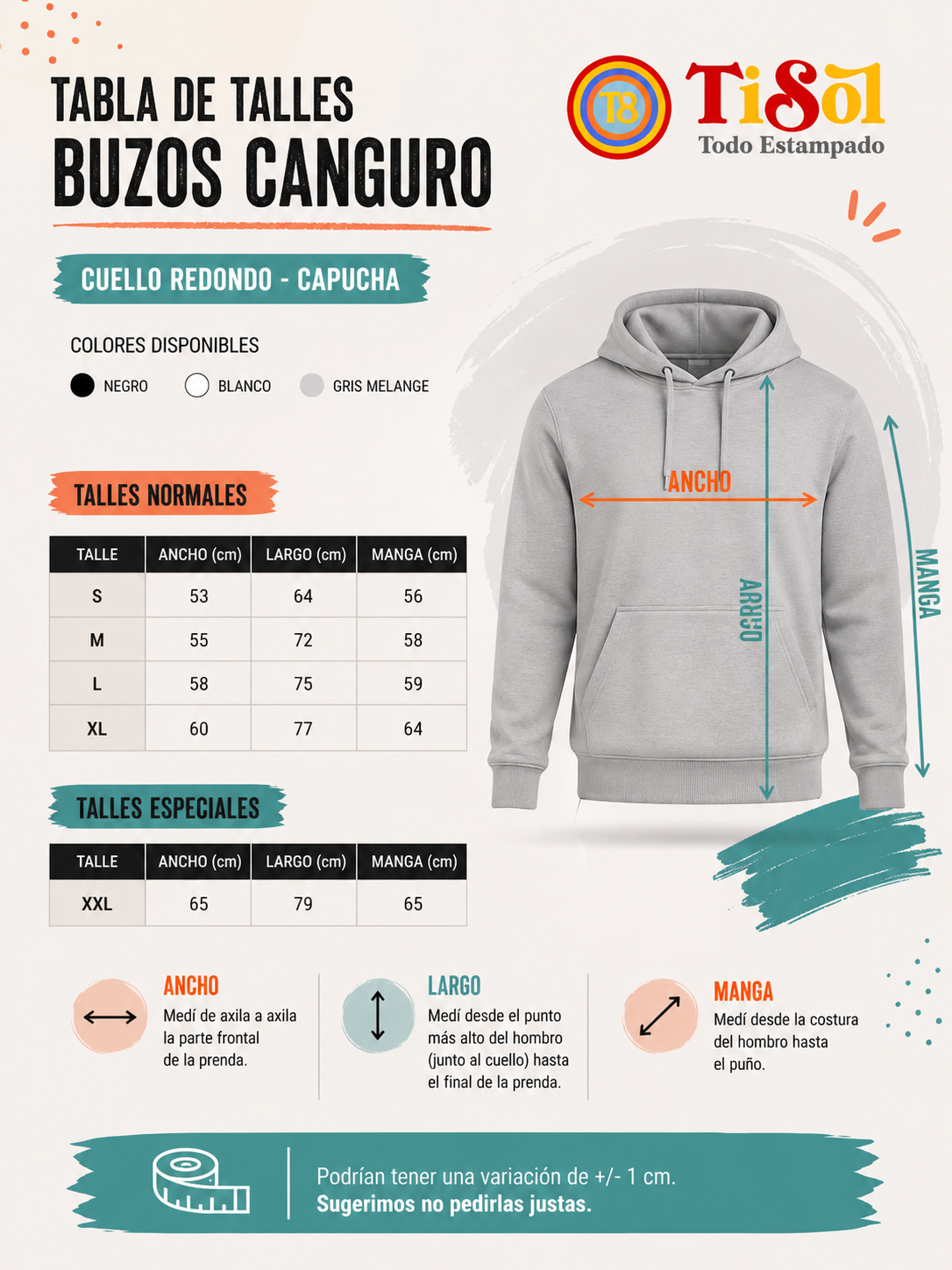 Tabla de Talles Buzo Canguro Personalizado DTF